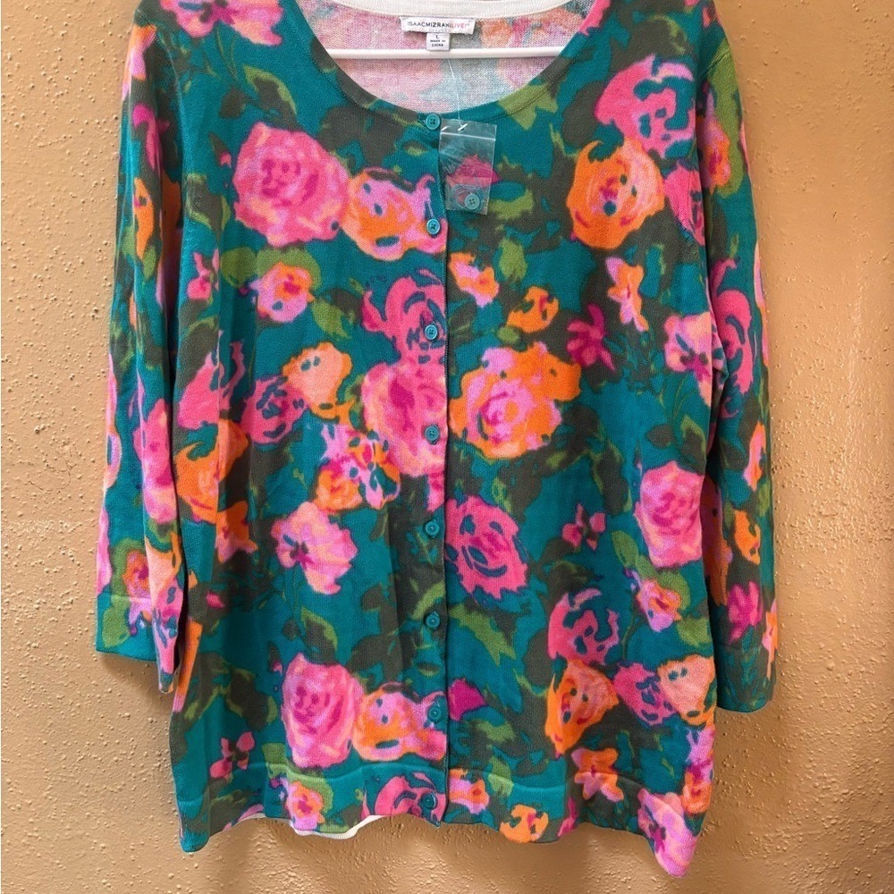 Isaac Mizrahi Live Womens Floral Cardigan Teal Pink Orange Button Front Large